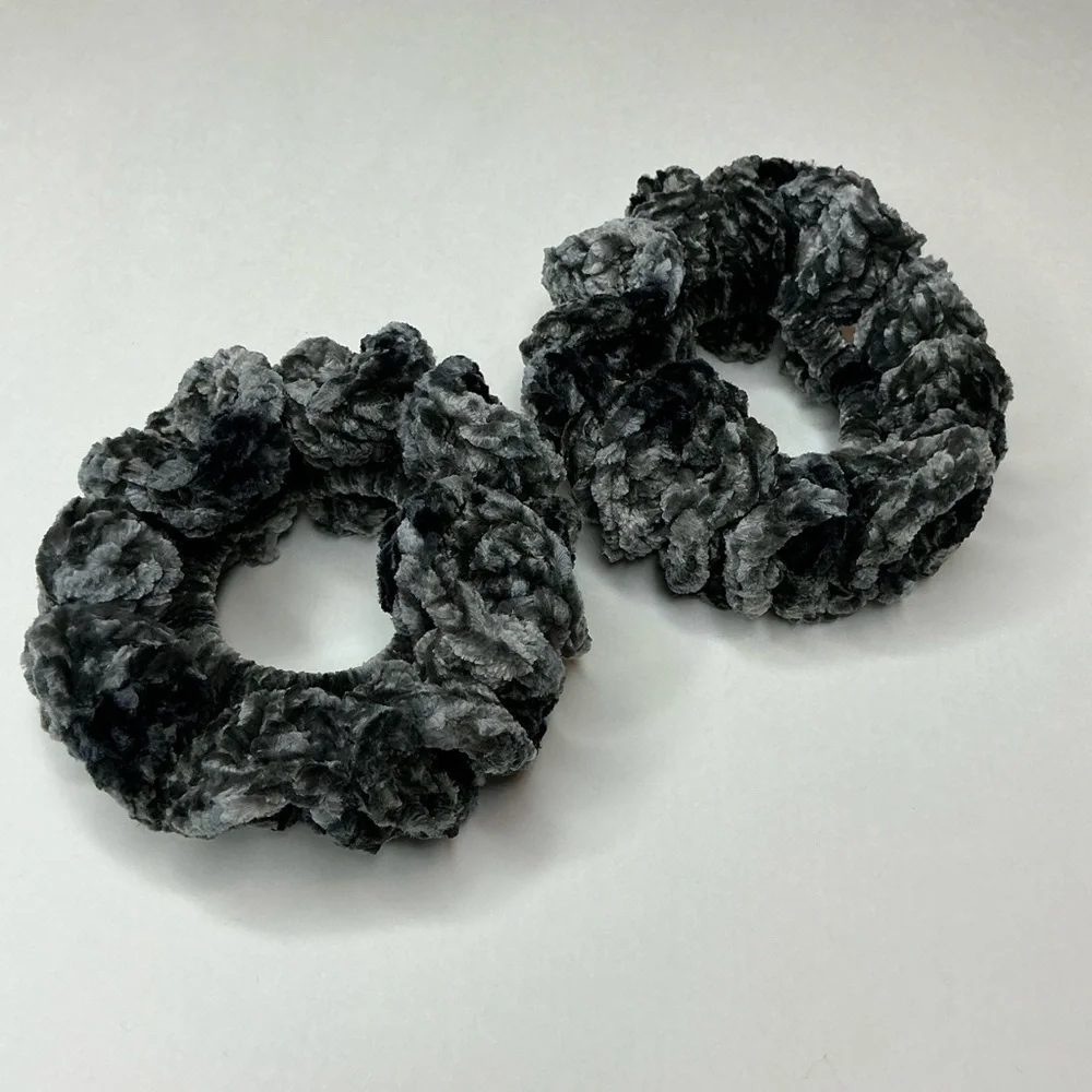 Crochet Scrunchie Oversized Hair Tie Set of 2 Gray Plush Crushed Velvet Handmade